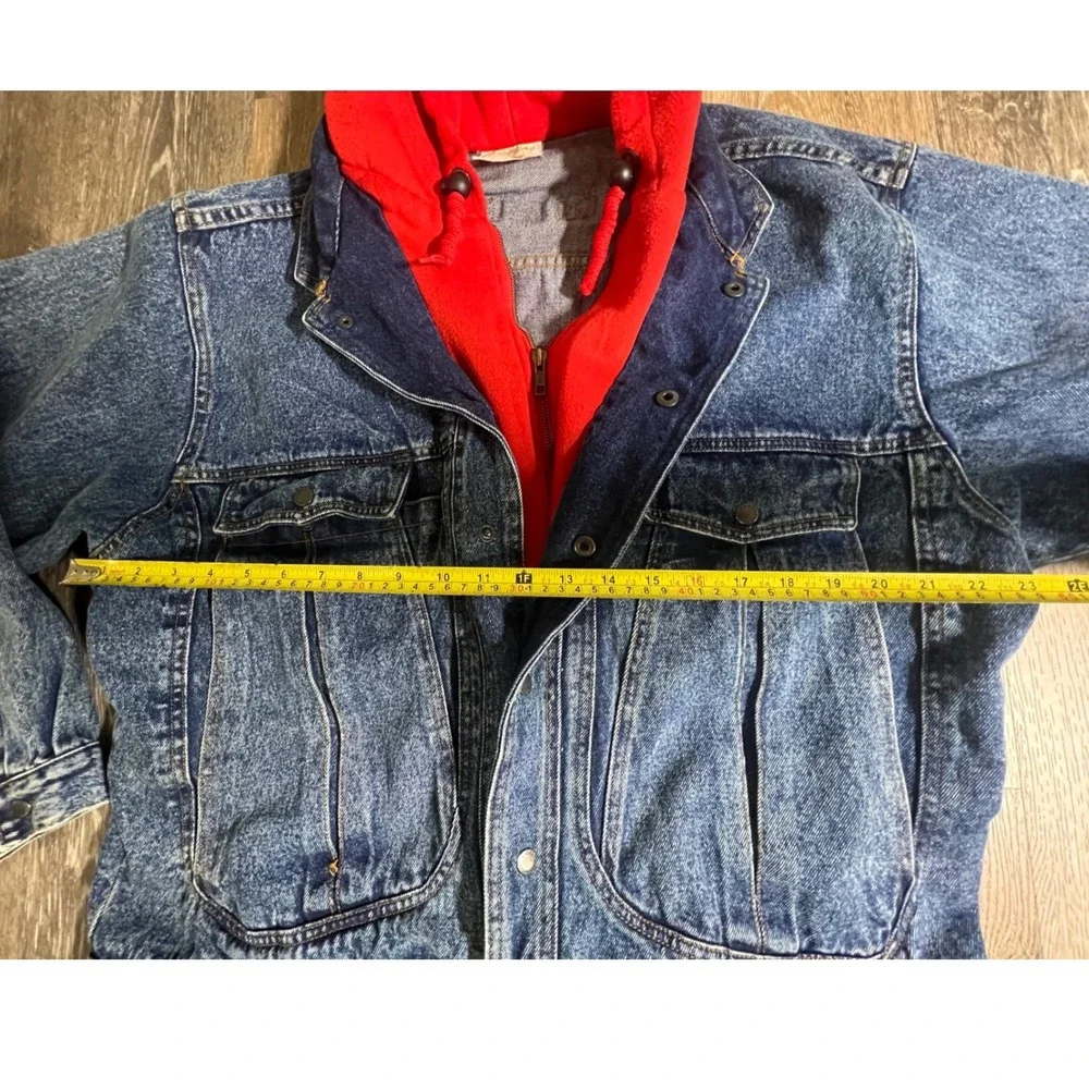 Urban Equipment Denim Jacket Mens XL Blue Red Hooded Acid Wash 90s Vintage